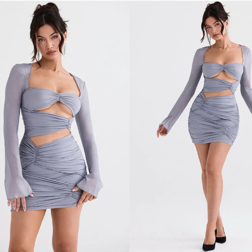 House of CB ‘Camille’ Dove Grey Real Silk Mini Dress NWOT - Picture 3 of 10